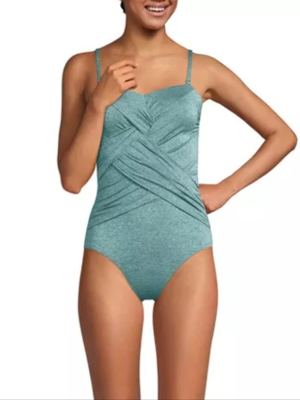Lands' End Slender Suit Shine Bandeau Tummy Control High Leg One Piece Suit Sage - Picture 5 of 7